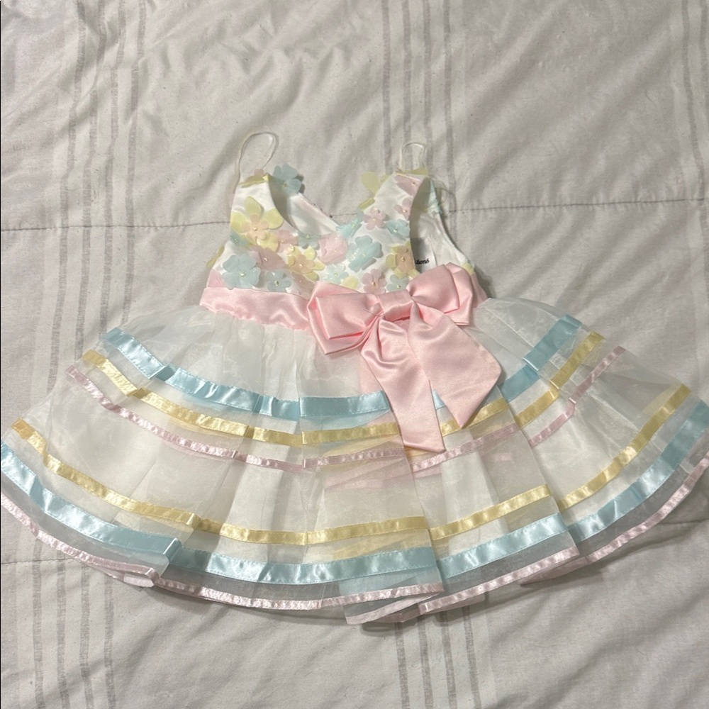 Rare Editions Pastel Floral Dress with Pink Bow